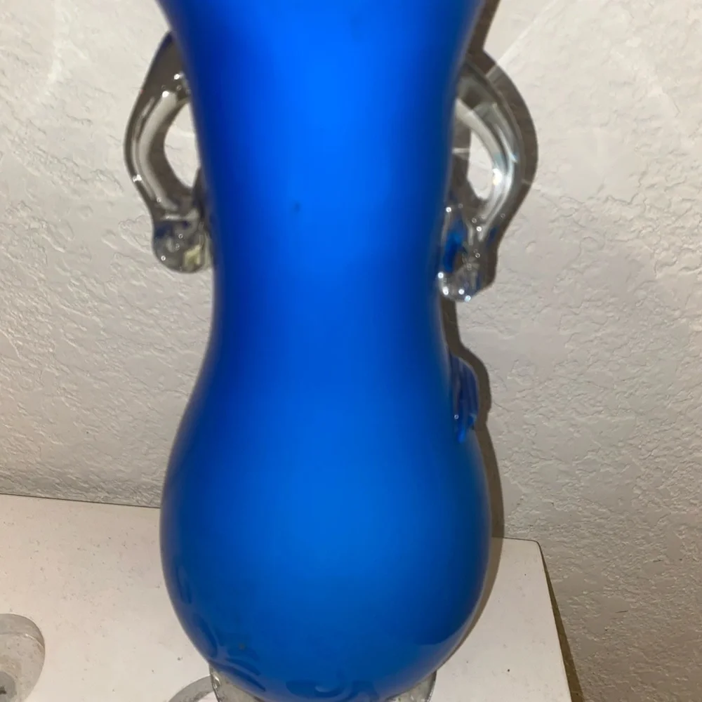 Vintage Hand Blown Confetti Fused Plum Blossom Cobalt Blue Glass MCM Vase 9.5”H